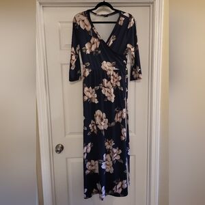 Maxi Floral Wrap Dress - Navy and Pink